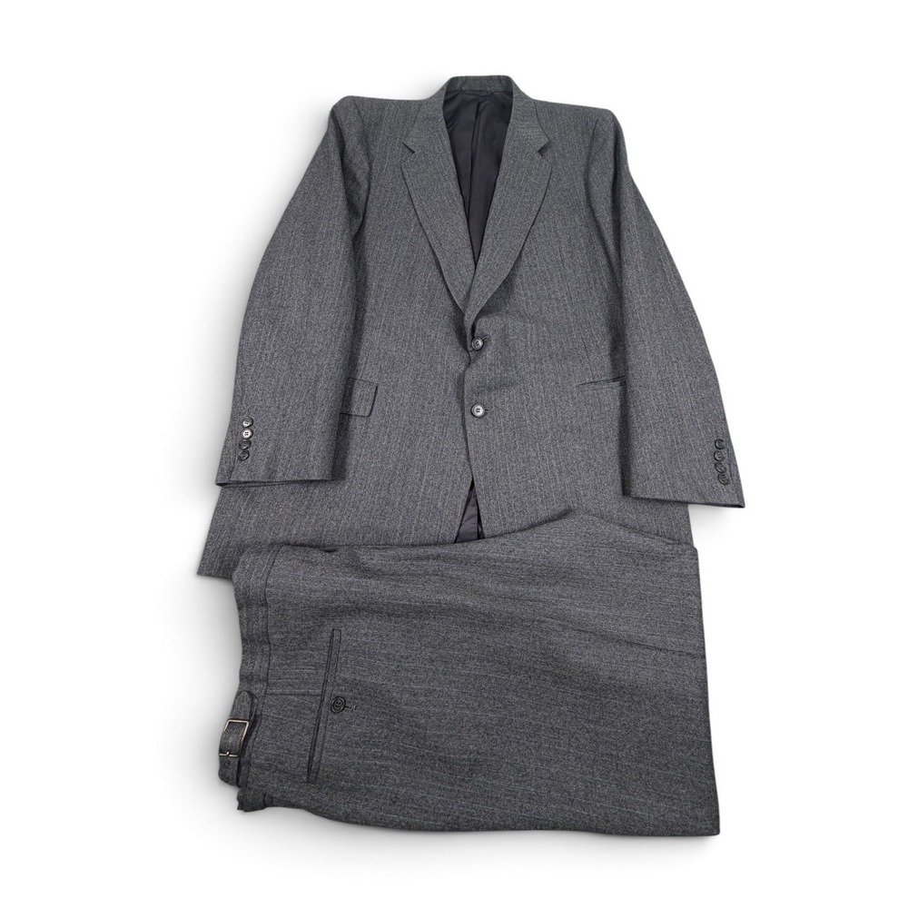 Hickey-Freeman Boardroom 80s Mens Suit Grey Herringbone Wool 46R 41X31